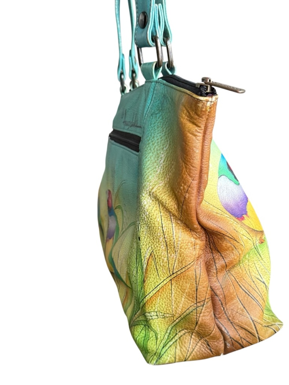 Anuschka genuine leather tote bag featuring beautiful hand-painted bird artwork - Picture 4 of 11